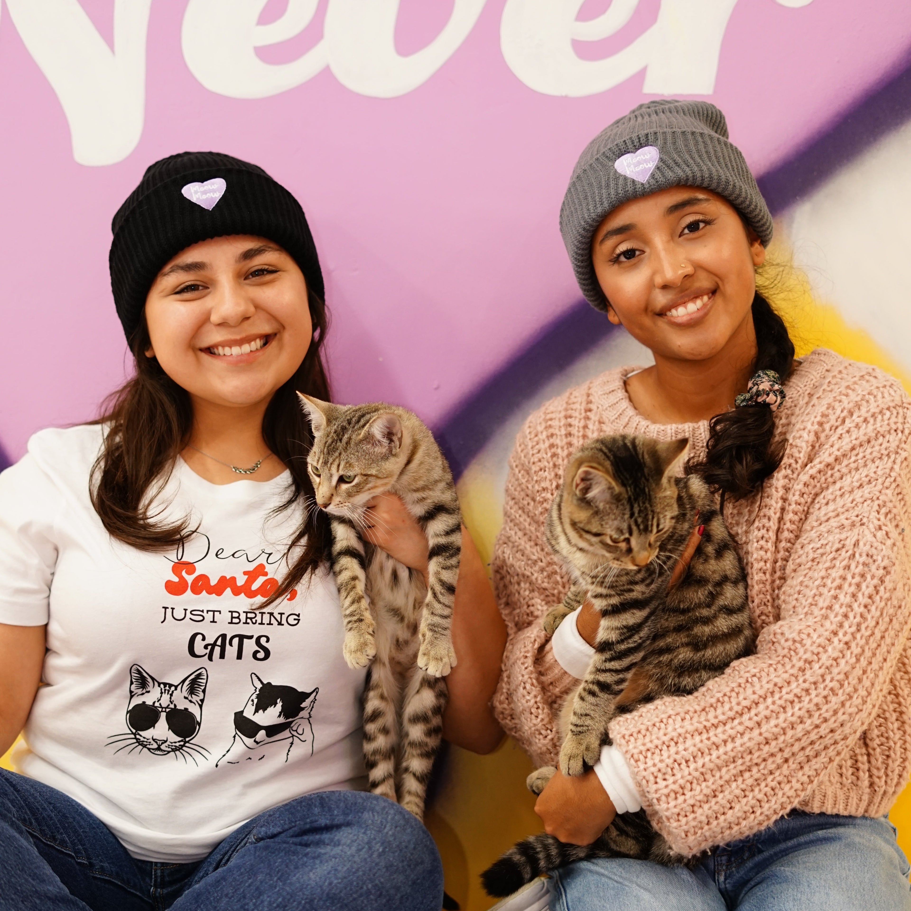 Two people sitting on a colorful floor with cats, wearing casual clothing and beanies.