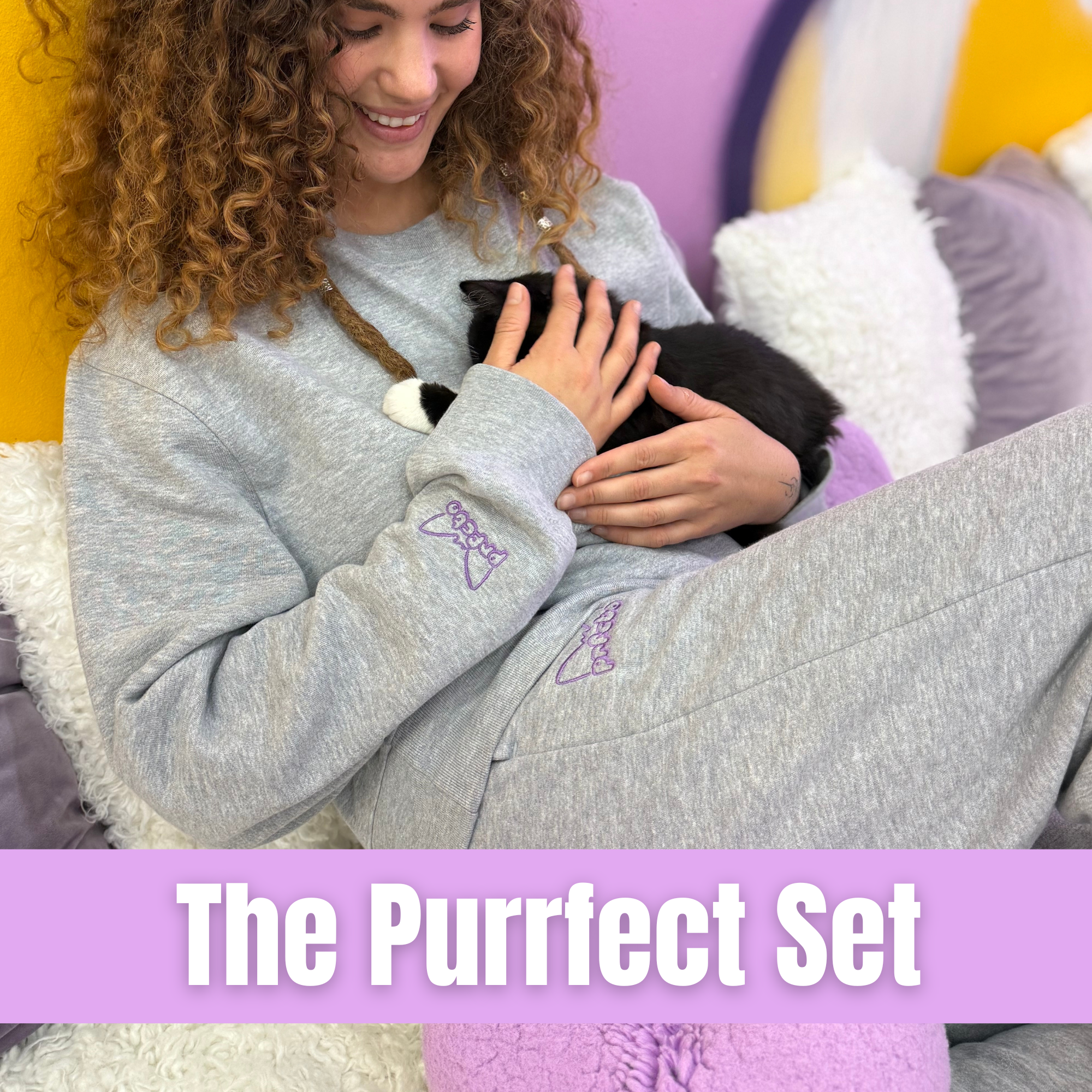 NEW! Purrfecto Embroidered Lounge Set | Cozy Sweatsuit (Top + Bottom)